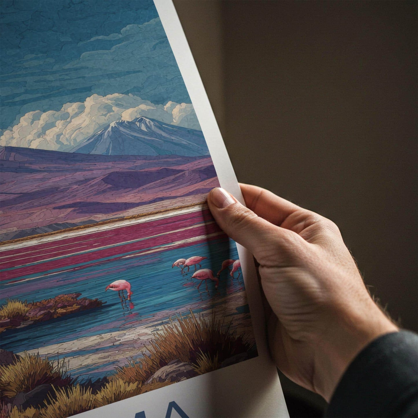 Atacama Poster - Chile Travel Art - Mountain Lake Flamingos Wall Decor