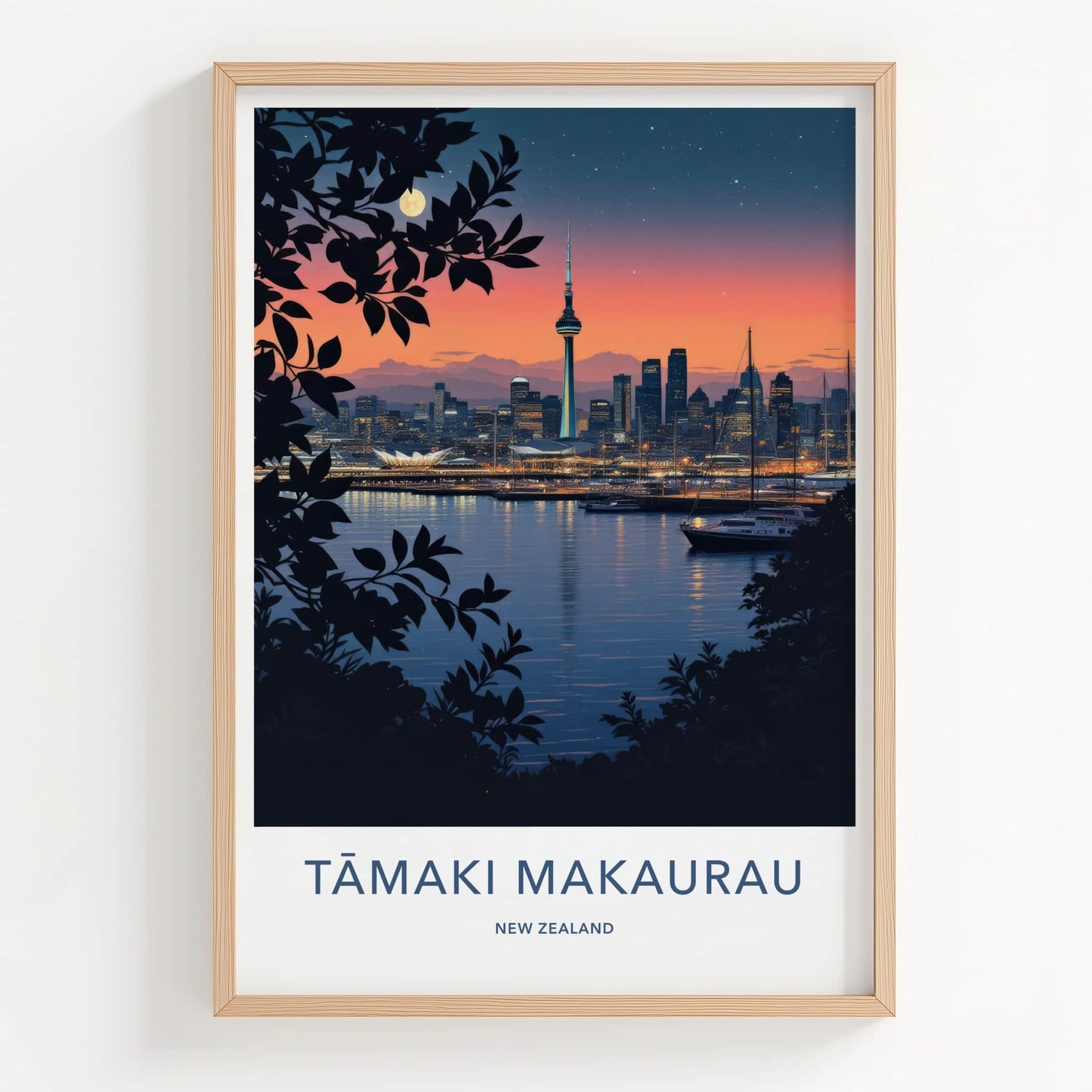 Auckland Poster - New Zealand Travel Art - Moonlit City View Home Decor