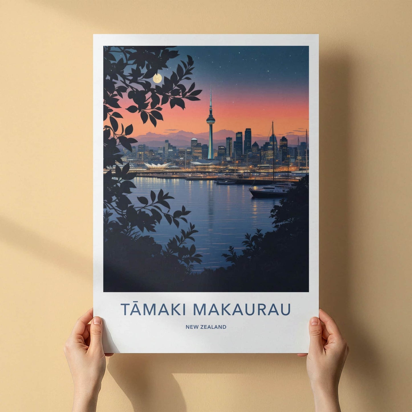 Auckland Poster - New Zealand Travel Art - Moonlit City View Home Decor