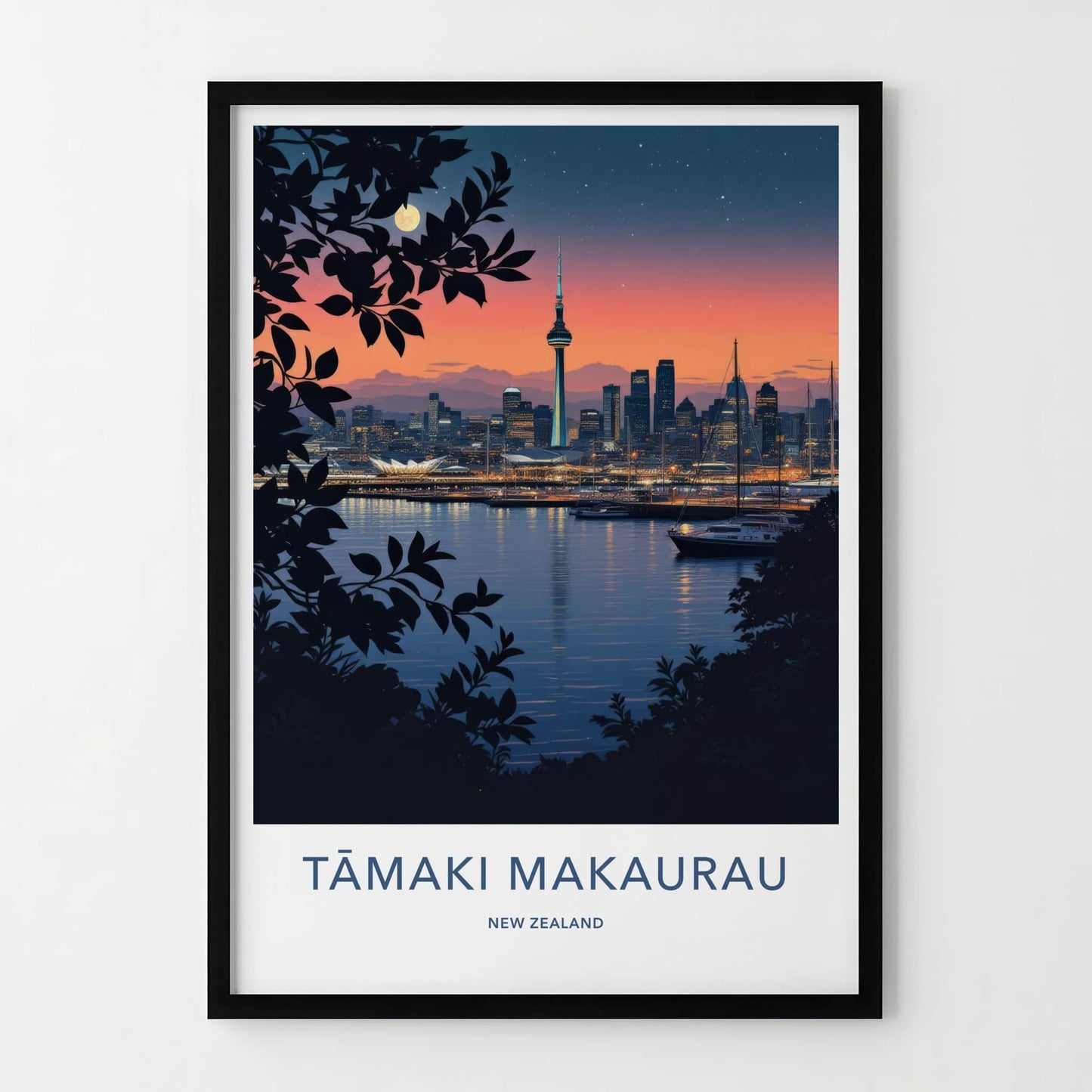 Auckland Poster - New Zealand Travel Art - Moonlit City View Home Decor