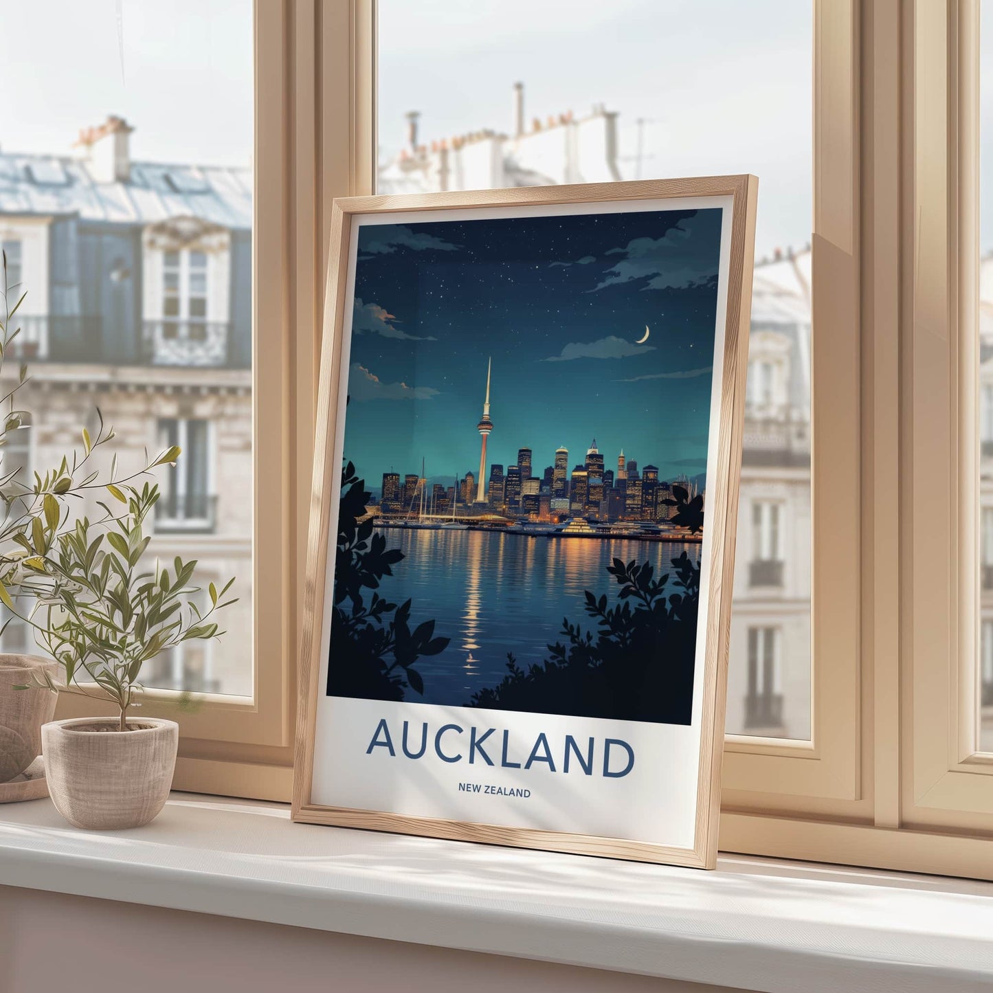 Auckland Poster - New Zealand Travel Art - Moonlit Harbor City Home Decor