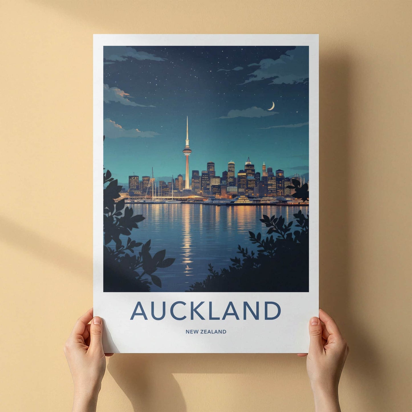 Auckland Poster - New Zealand Travel Art - Moonlit Harbor City Home Decor