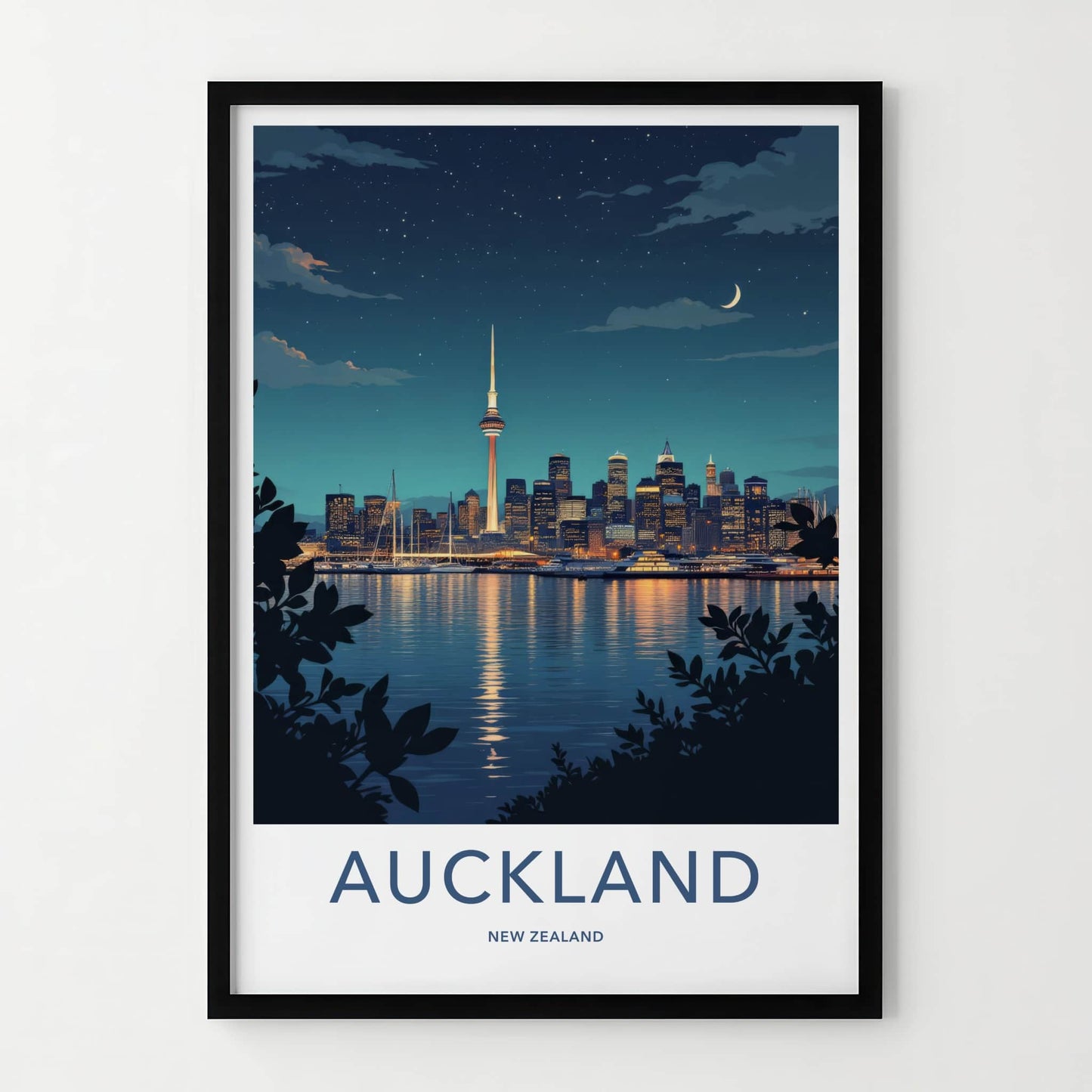 Auckland Poster - New Zealand Travel Art - Moonlit Harbor City Home Decor