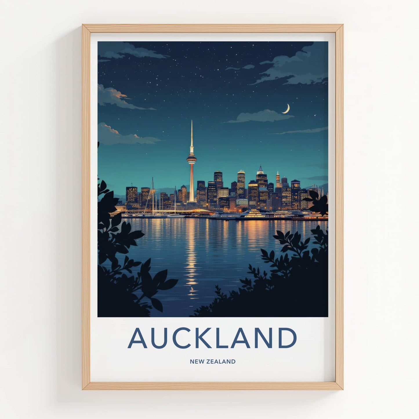Auckland Poster - New Zealand Travel Art - Moonlit Harbor City Home Decor