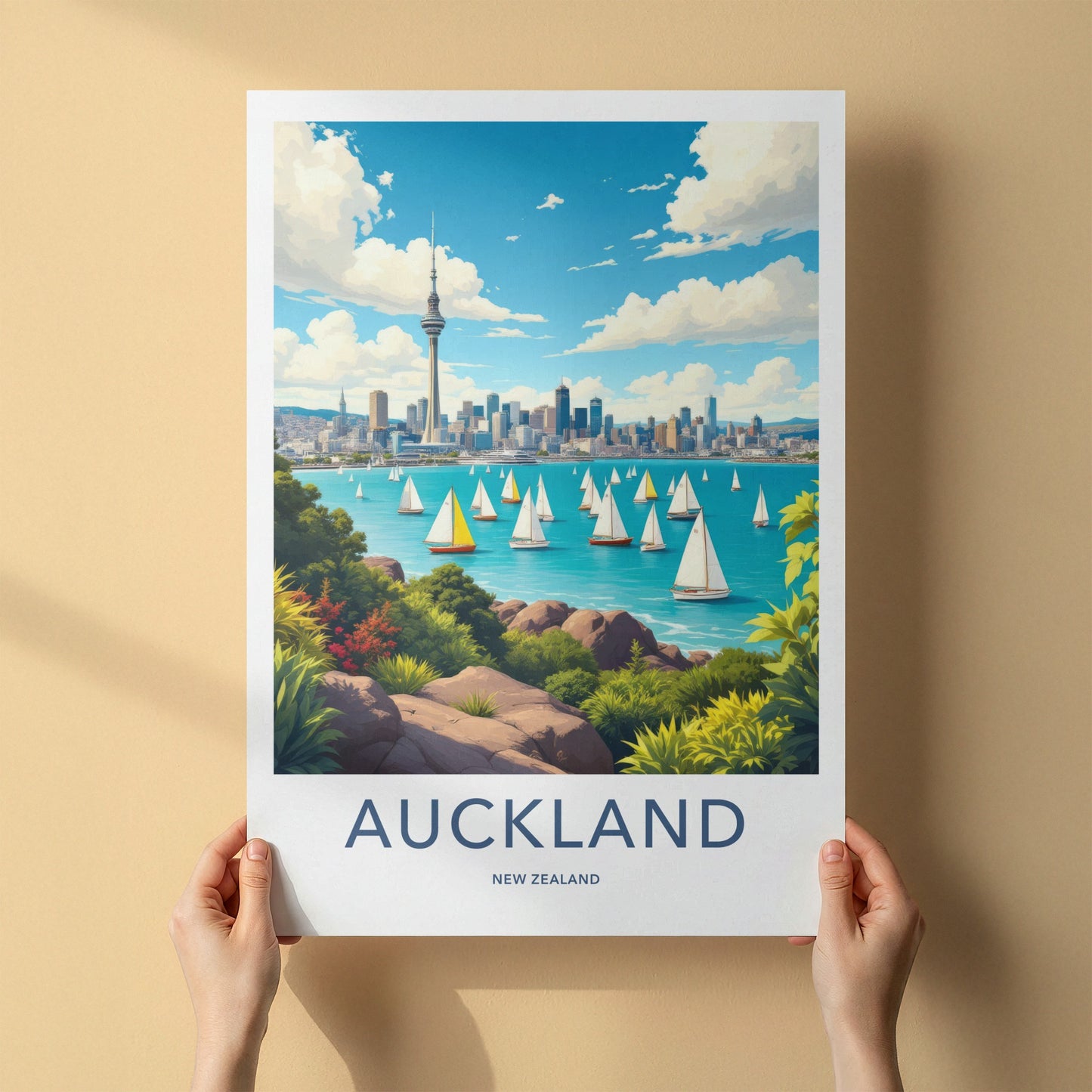 Auckland Poster - New Zealand Travel Art - Sky Tower Sailboats Home Decor