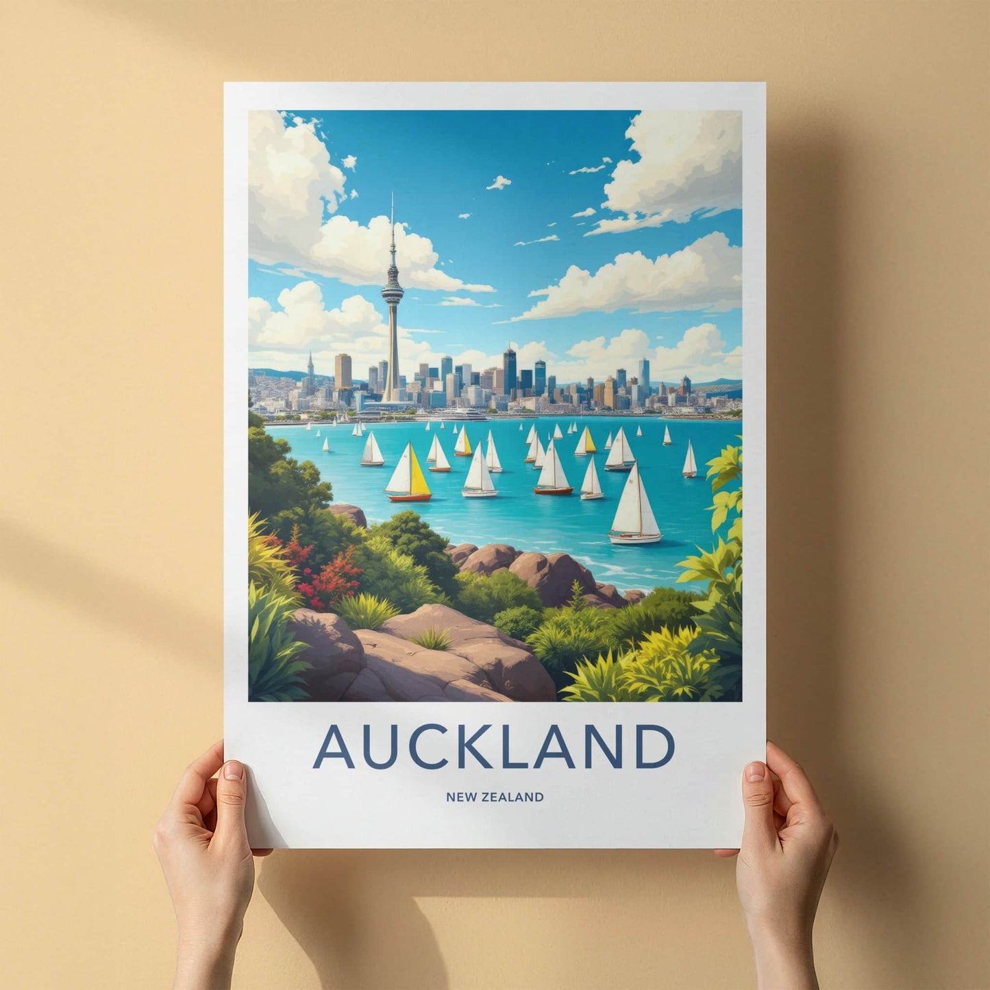 Auckland Poster - New Zealand Travel Art - Sky Tower Sailboats Home Decor