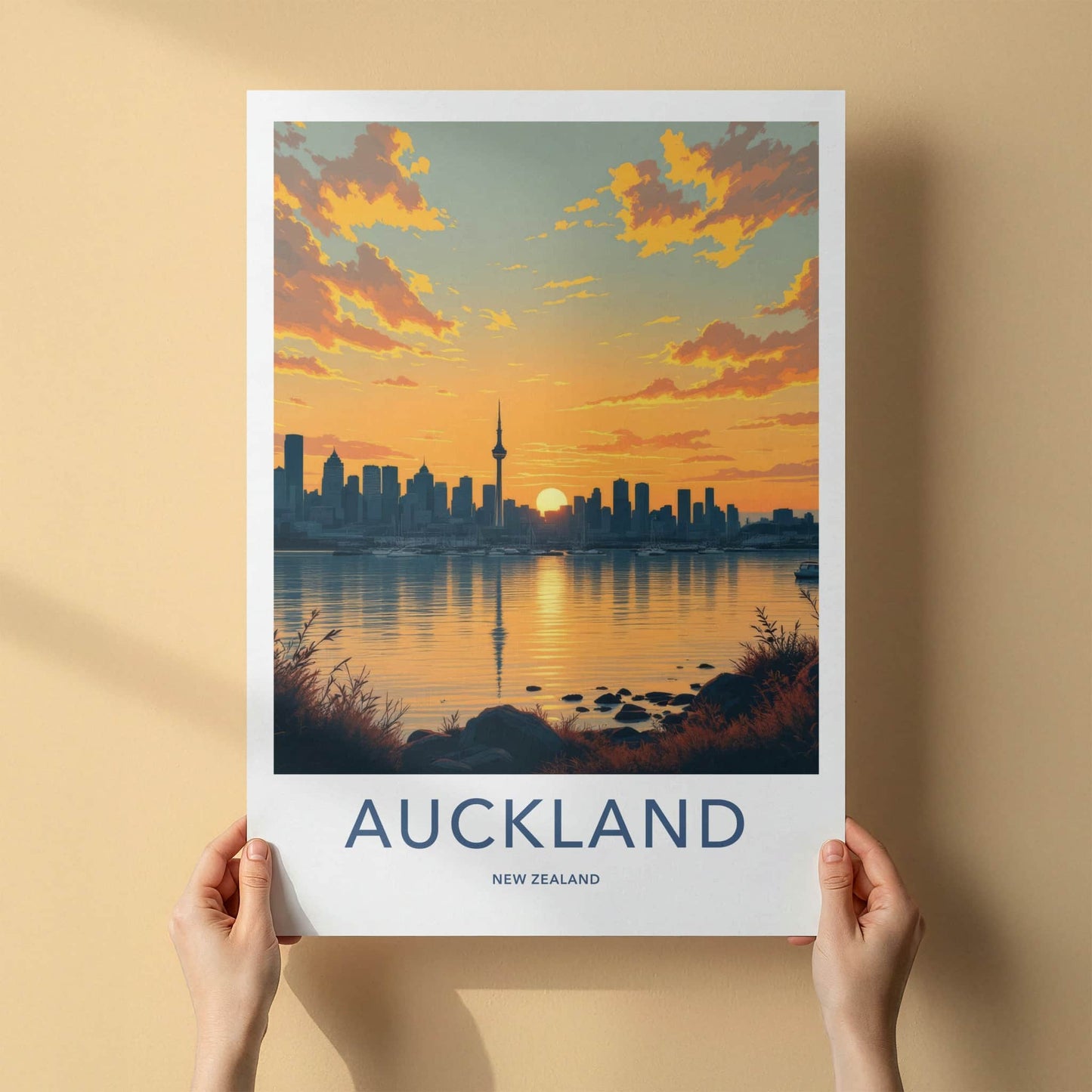 Auckland Poster - New Zealand Travel Art - Sunset City Skyline Home Decor