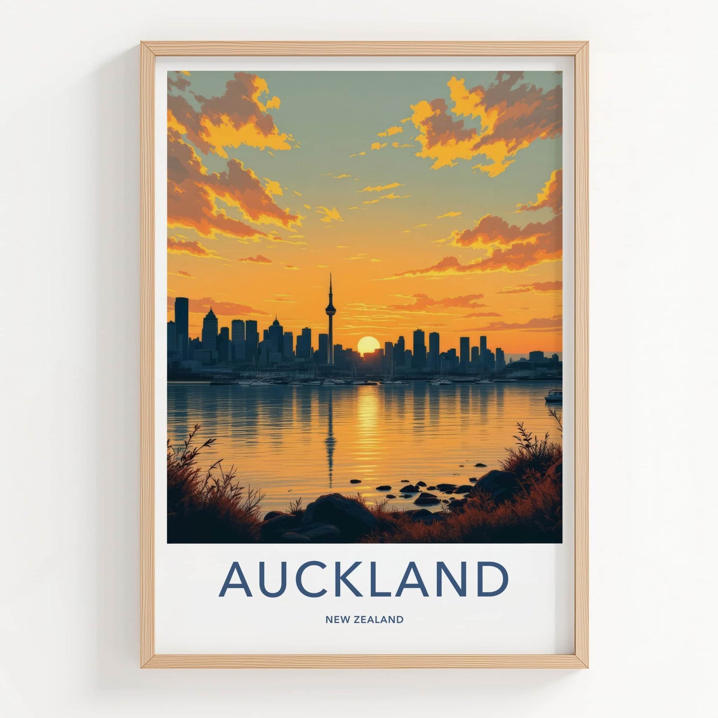 Auckland Poster - New Zealand Travel Art - Sunset City Skyline Home Decor