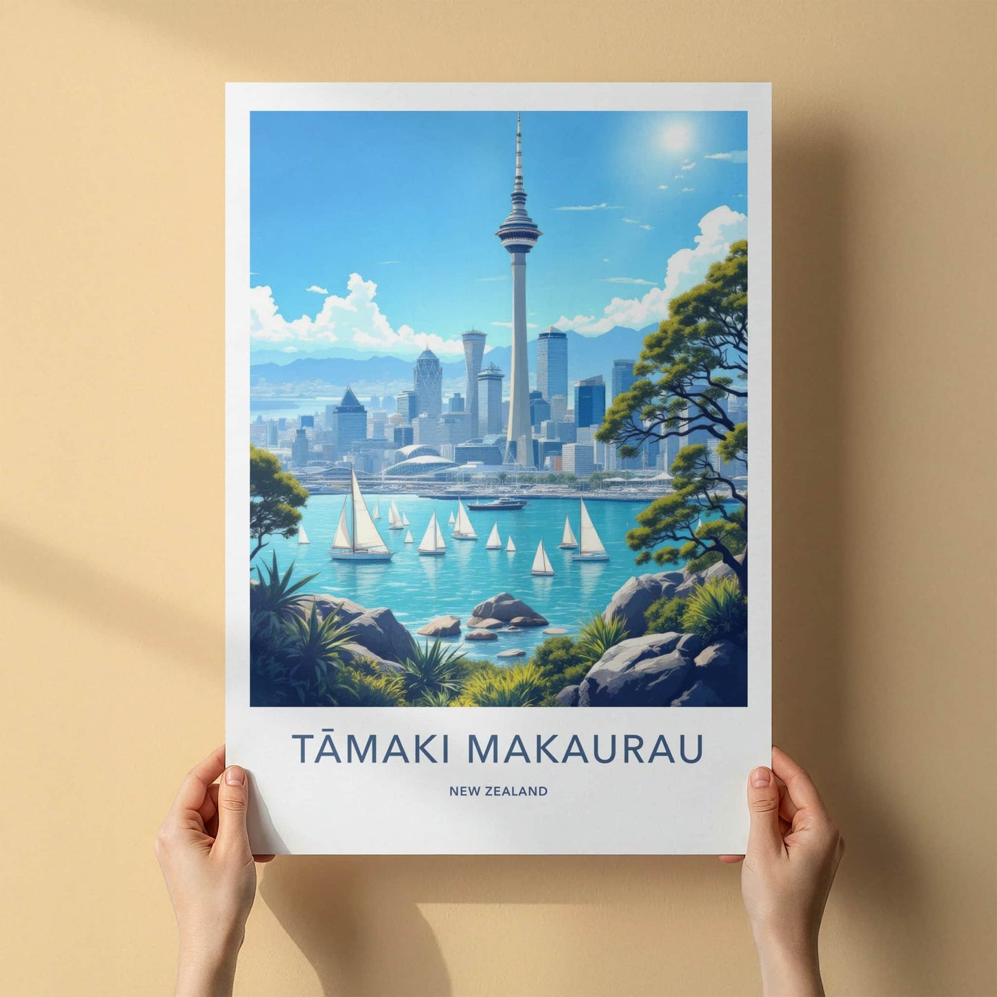 Auckland Poster - New Zealand Travel Print - Sky Tower Waterfront City Home Decor