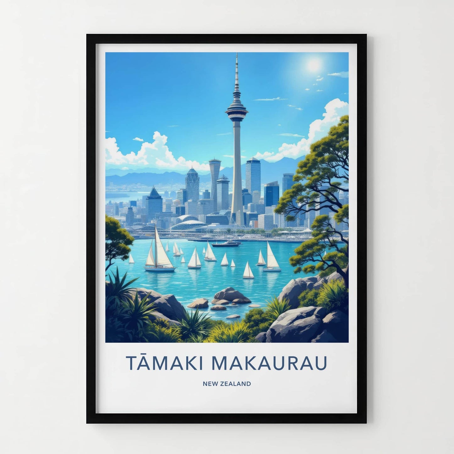 Auckland Poster - New Zealand Travel Print - Sky Tower Waterfront City Home Decor