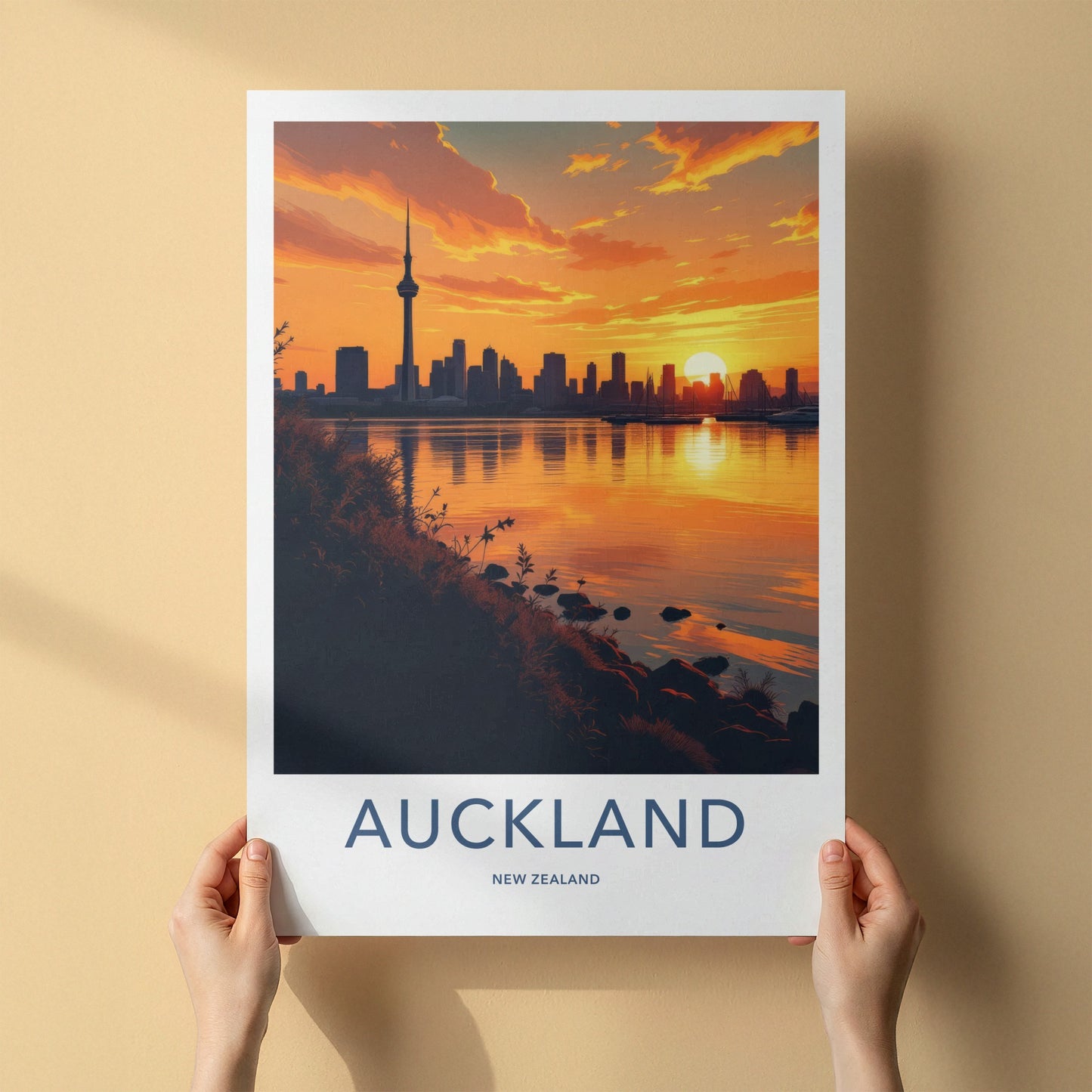 Auckland Poster - New Zealand Travel Print - Sunset City Reflections Wall Decor