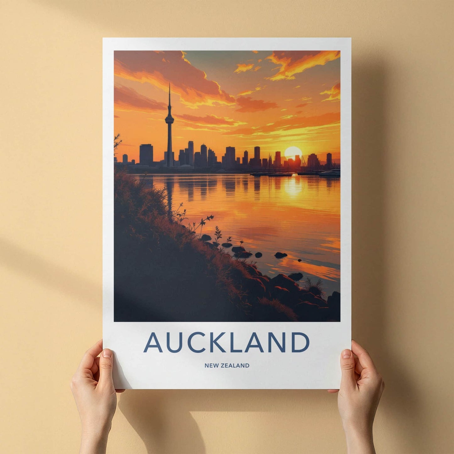 Auckland Poster - New Zealand Travel Print - Sunset City Reflections Wall Decor