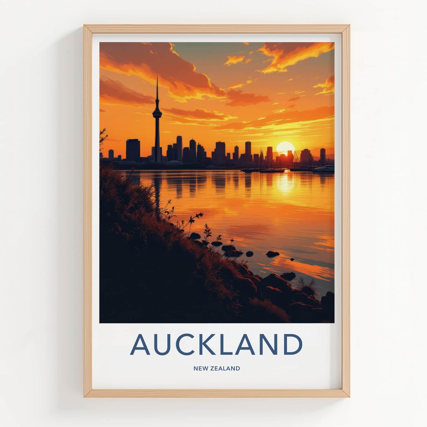 Auckland Poster - New Zealand Travel Print - Sunset City Reflections Wall Decor