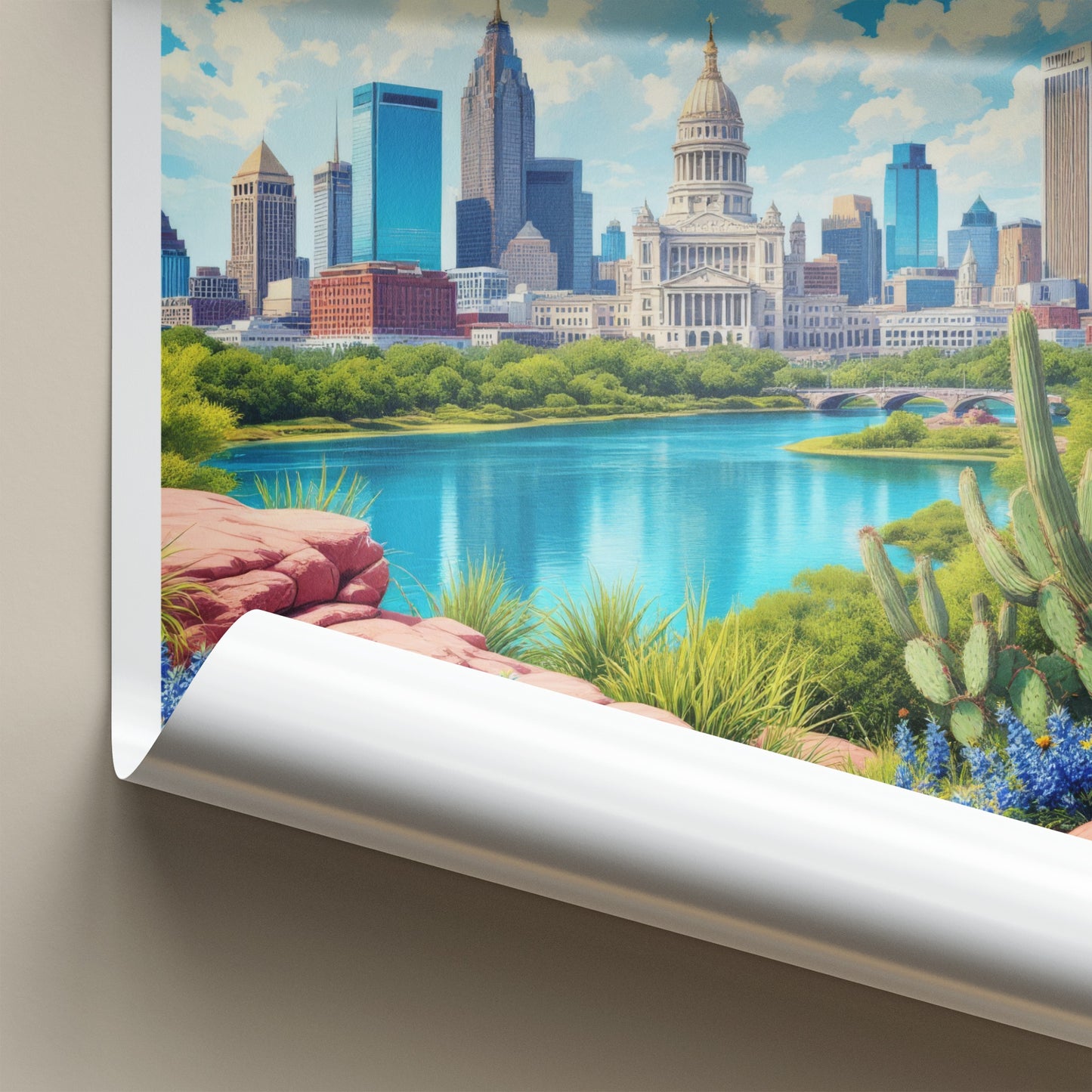 Austin Poster - Texas Travel Art - Capitol River Bluebonnets Home Decor