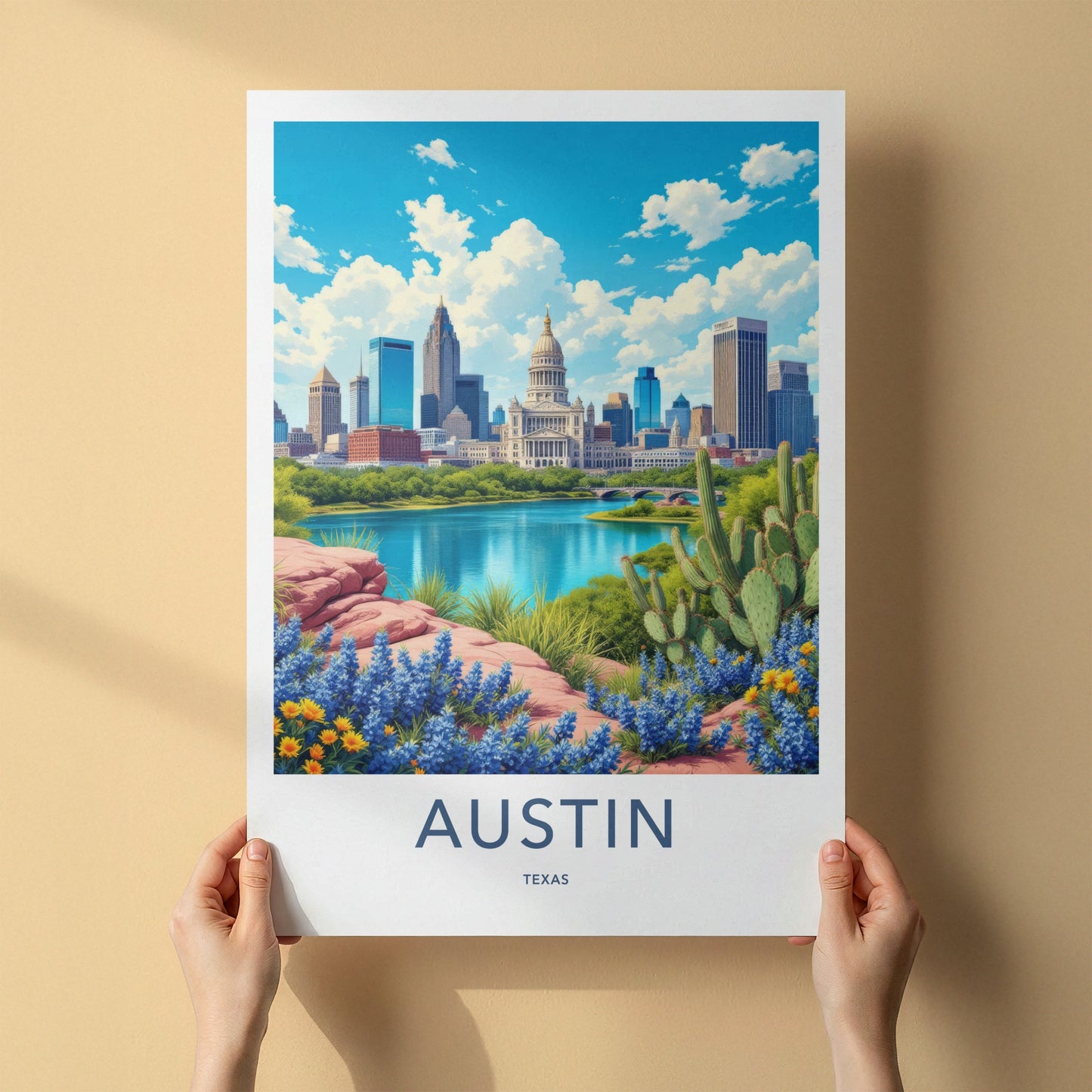 Austin Poster - Texas Travel Art - Capitol River Bluebonnets Home Decor