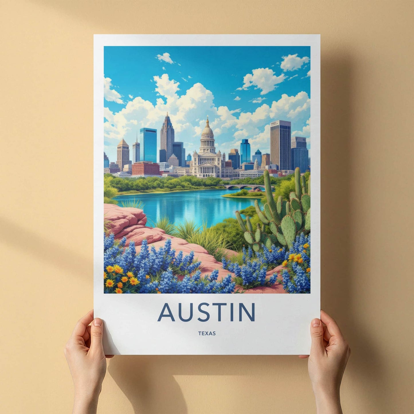 Austin Poster - Texas Travel Art - Capitol River Bluebonnets Home Decor
