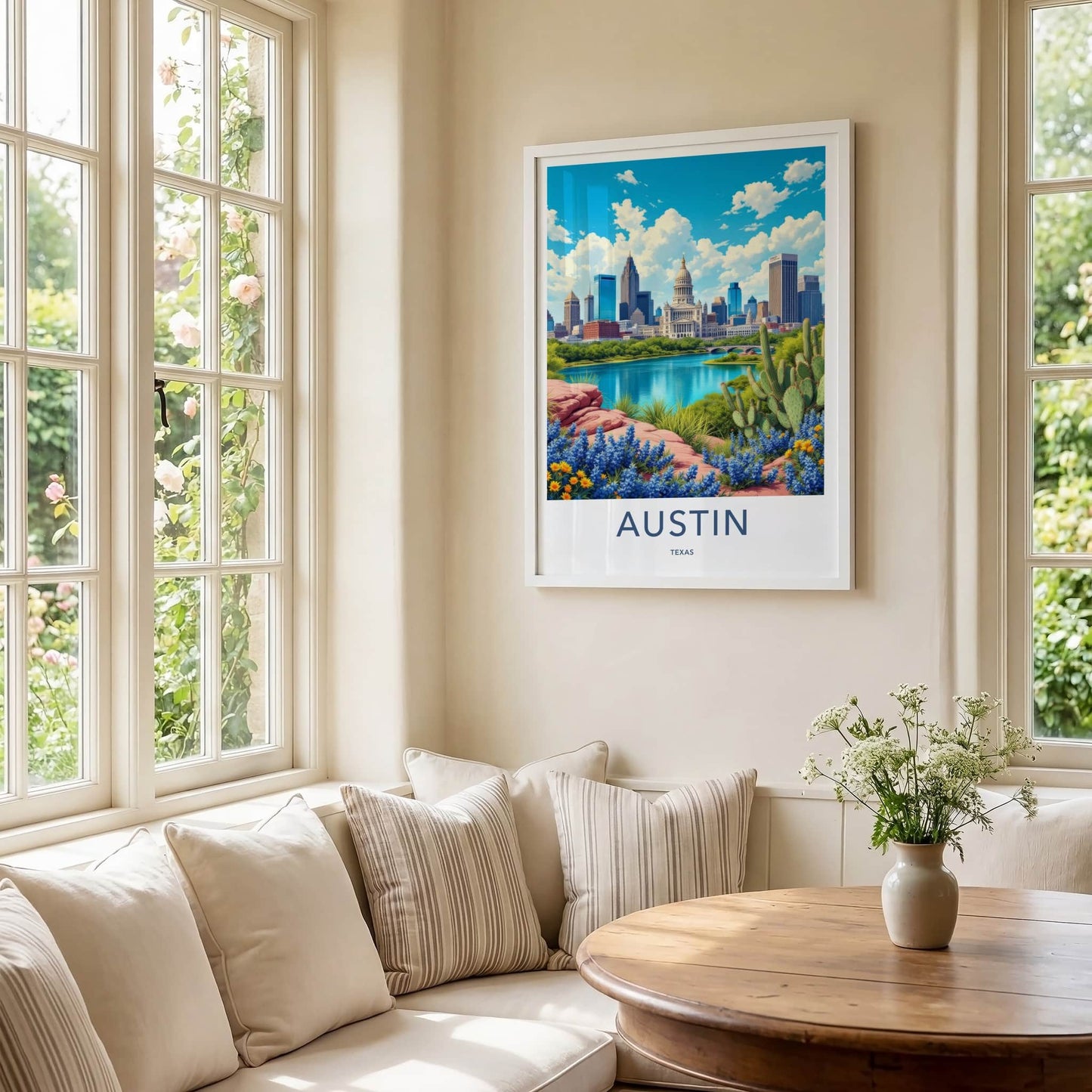 Austin Poster - Texas Travel Art - Capitol River Bluebonnets Home Decor