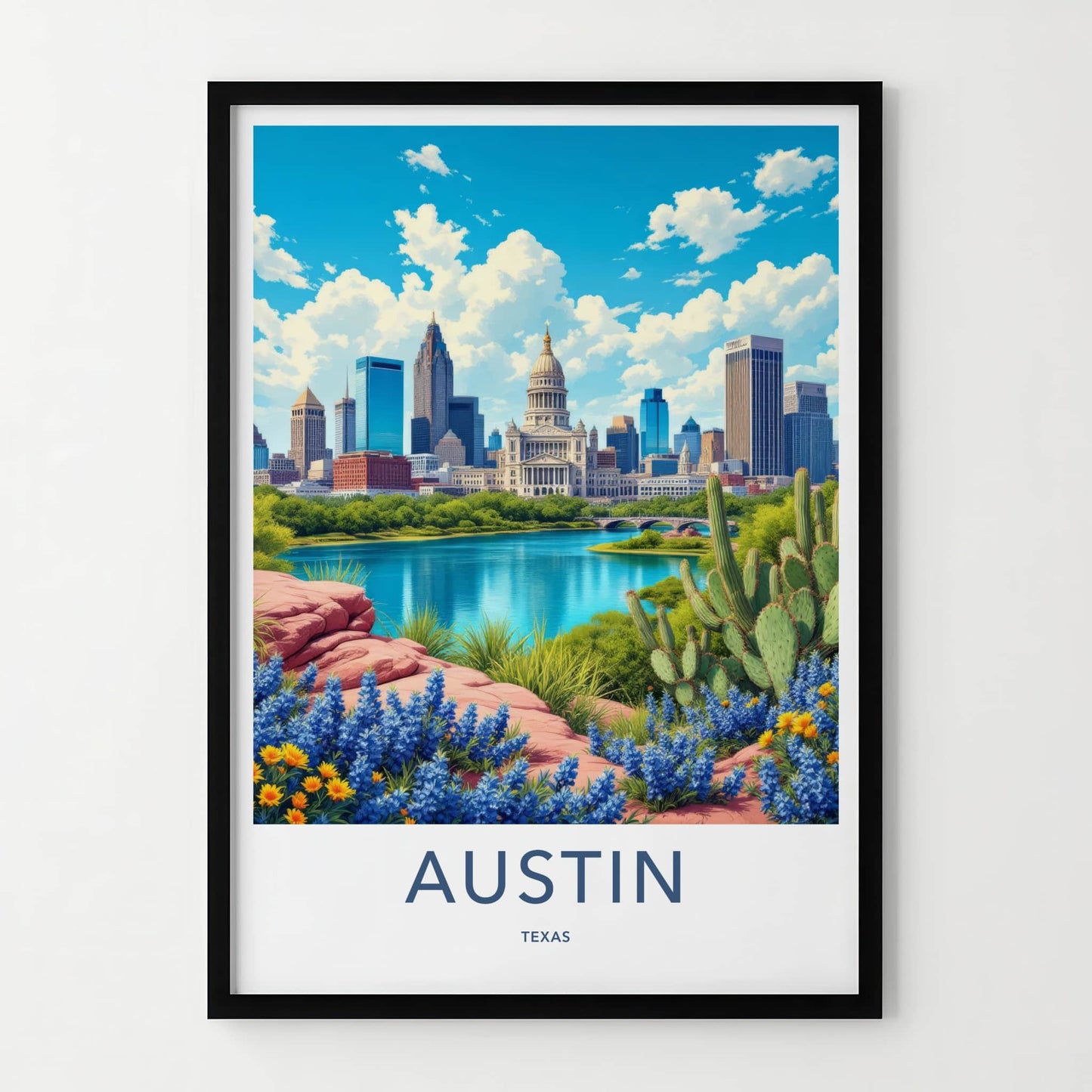 Austin Poster - Texas Travel Art - Capitol River Bluebonnets Home Decor