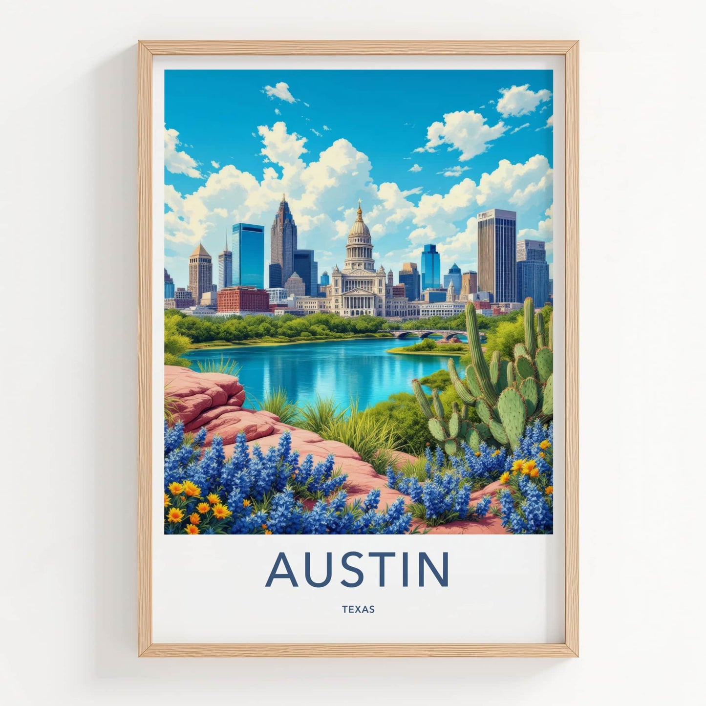 Austin Poster - Texas Travel Art - Capitol River Bluebonnets Home Decor
