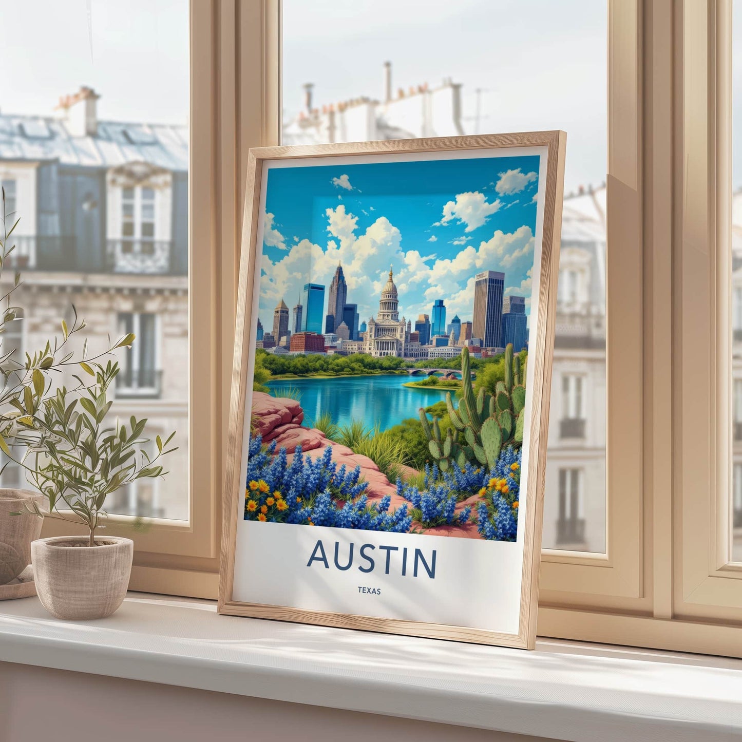 Austin Poster - Texas Travel Art - Capitol River Bluebonnets Home Decor