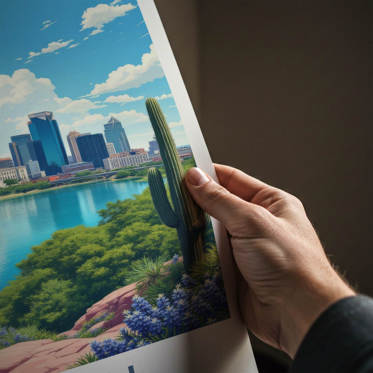 Austin Poster - Texas Travel Art - City Lake Bluebonnets Home Decor