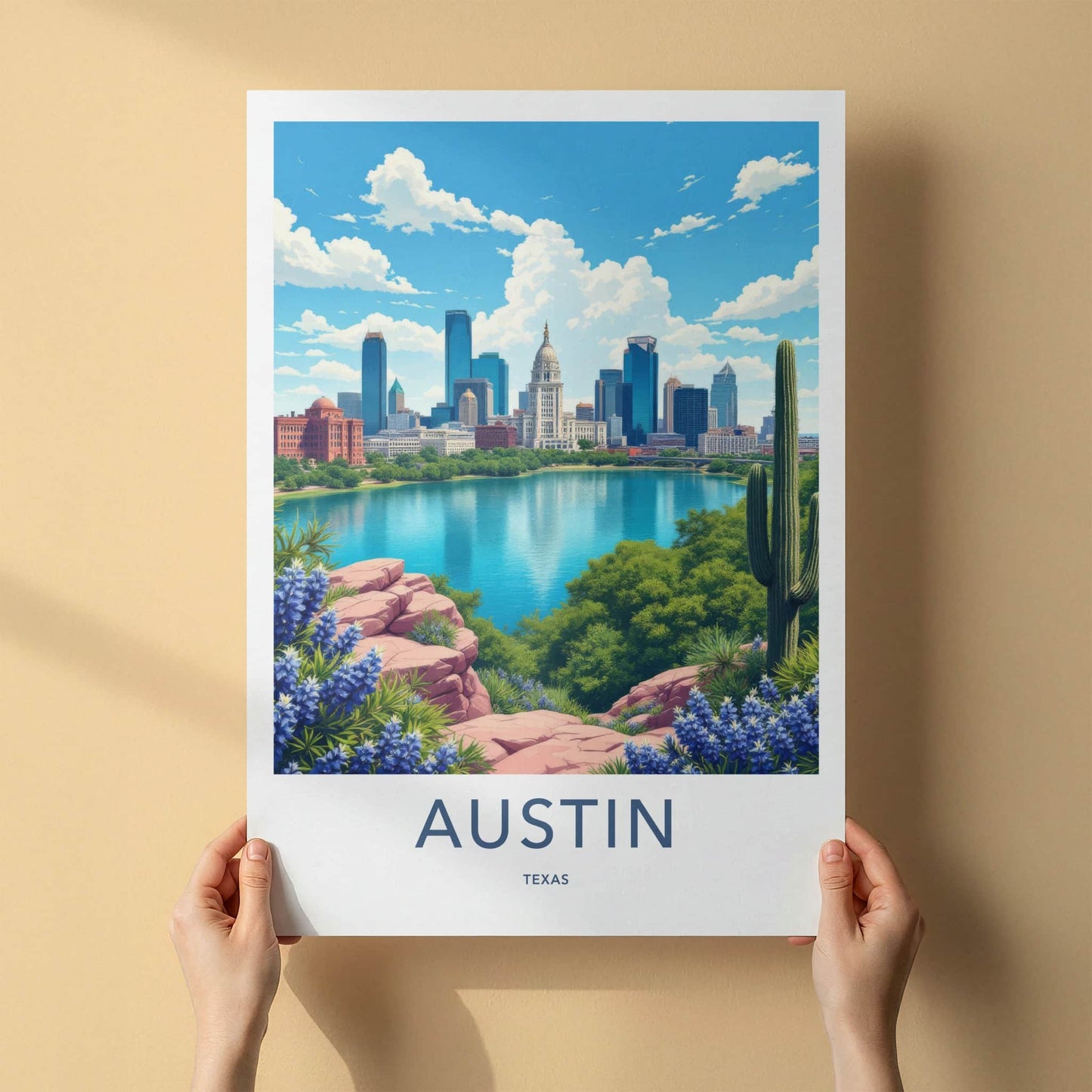Austin Poster - Texas Travel Art - City Lake Bluebonnets Home Decor