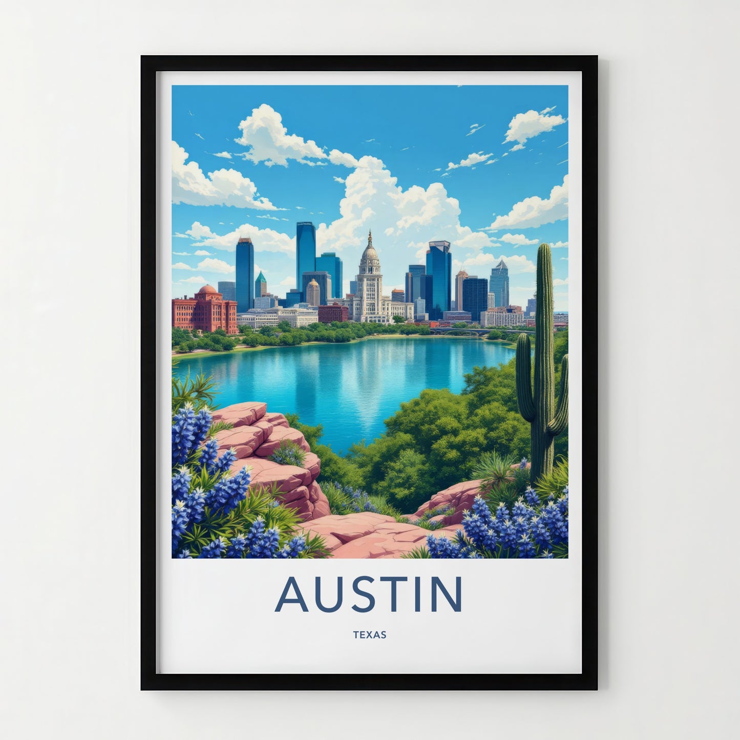 Austin Poster - Texas Travel Art - City Lake Bluebonnets Home Decor