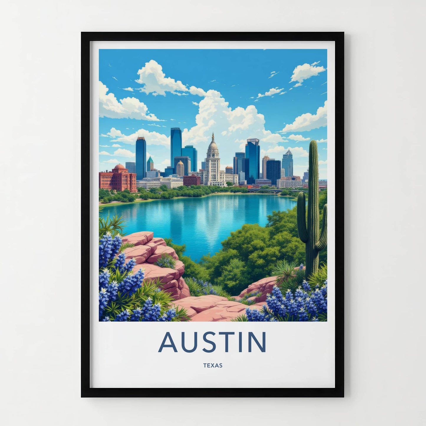 Austin Poster - Texas Travel Art - City Lake Bluebonnets Home Decor
