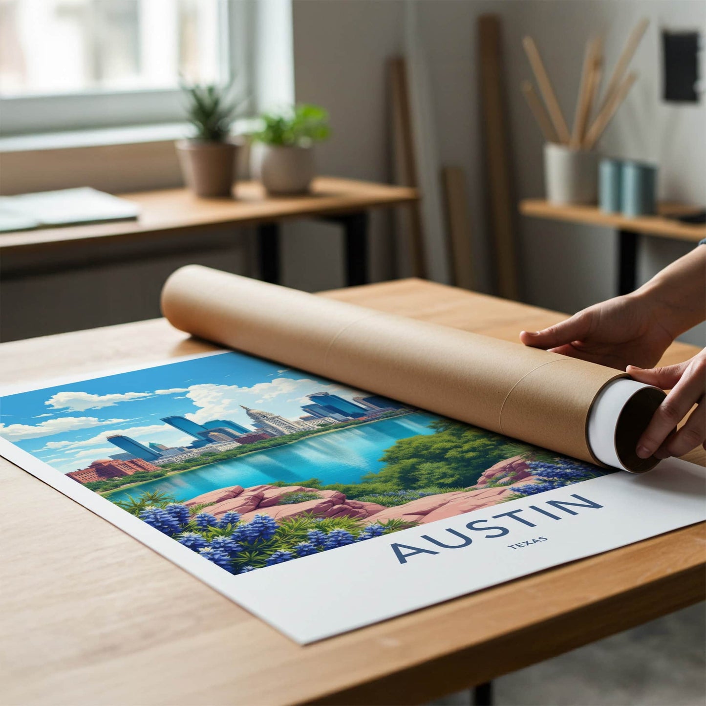 Austin Poster - Texas Travel Art - City Lake Bluebonnets Home Decor