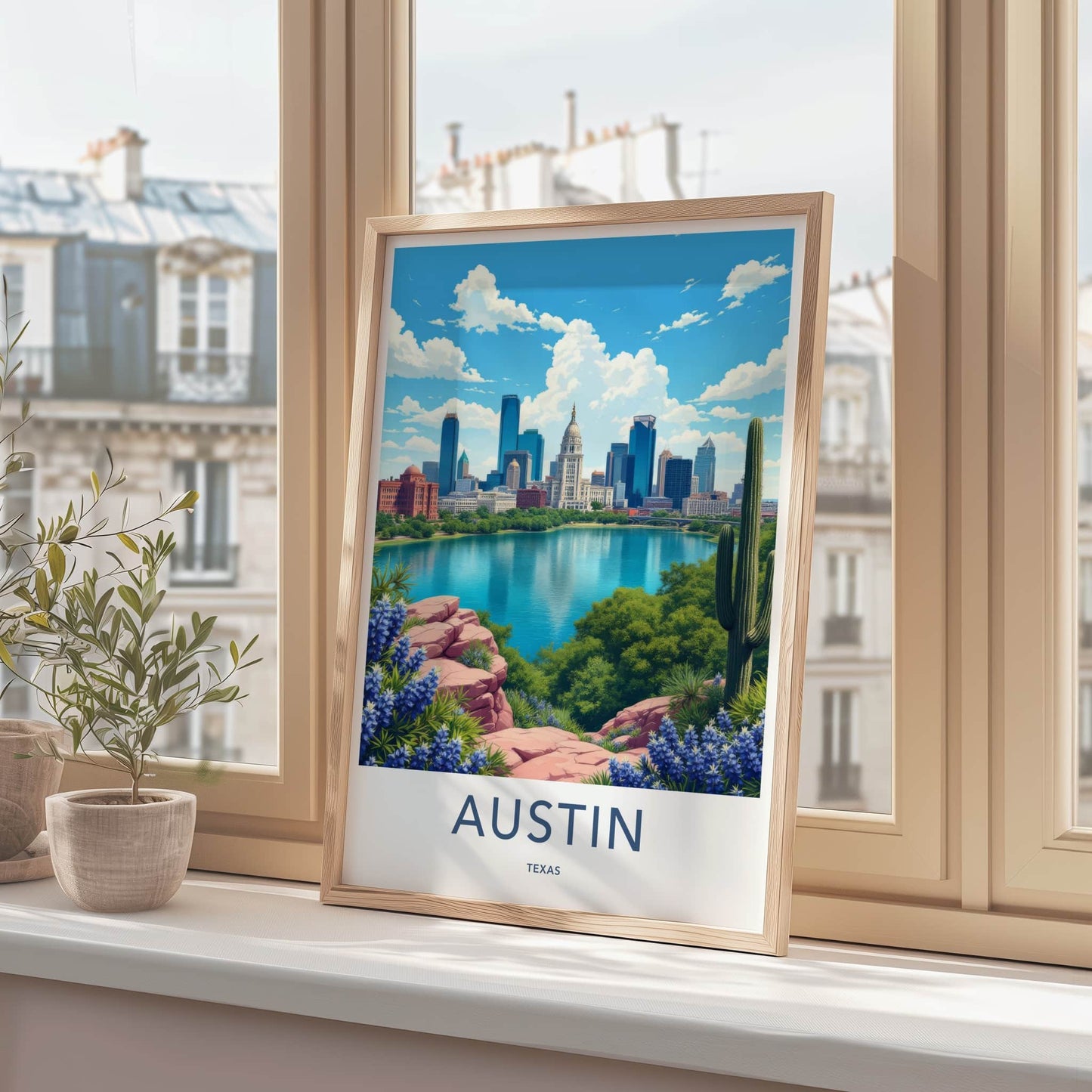 Austin Poster - Texas Travel Art - City Lake Bluebonnets Home Decor