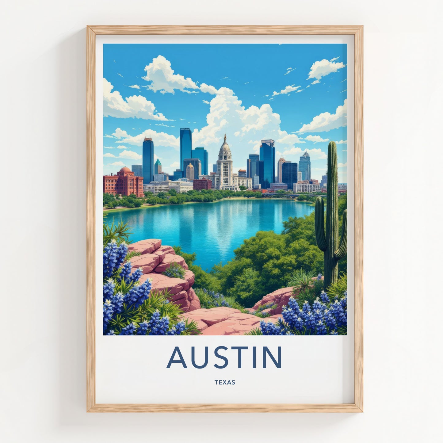 Austin Poster - Texas Travel Art - City Lake Bluebonnets Home Decor