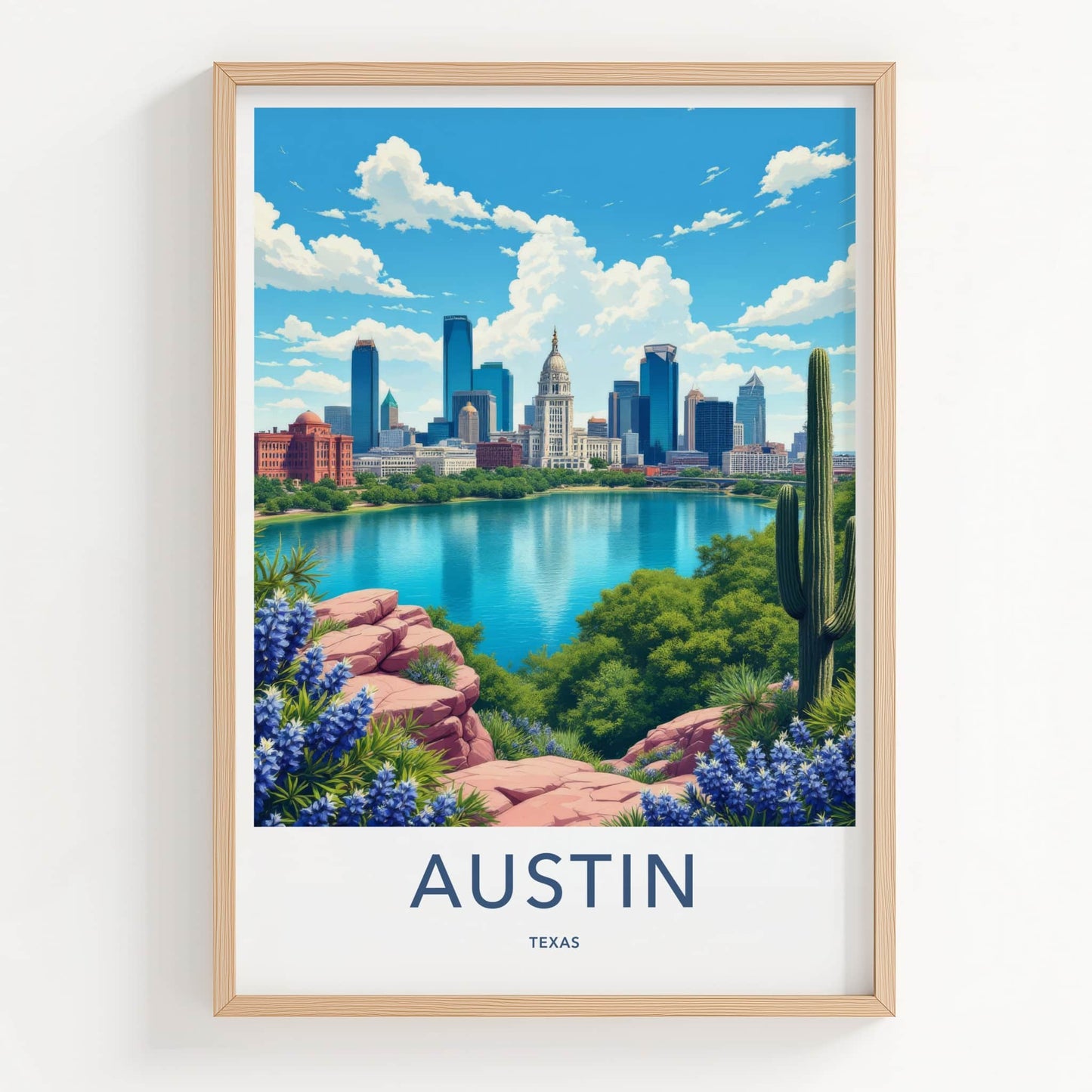 Austin Poster - Texas Travel Art - City Lake Bluebonnets Home Decor