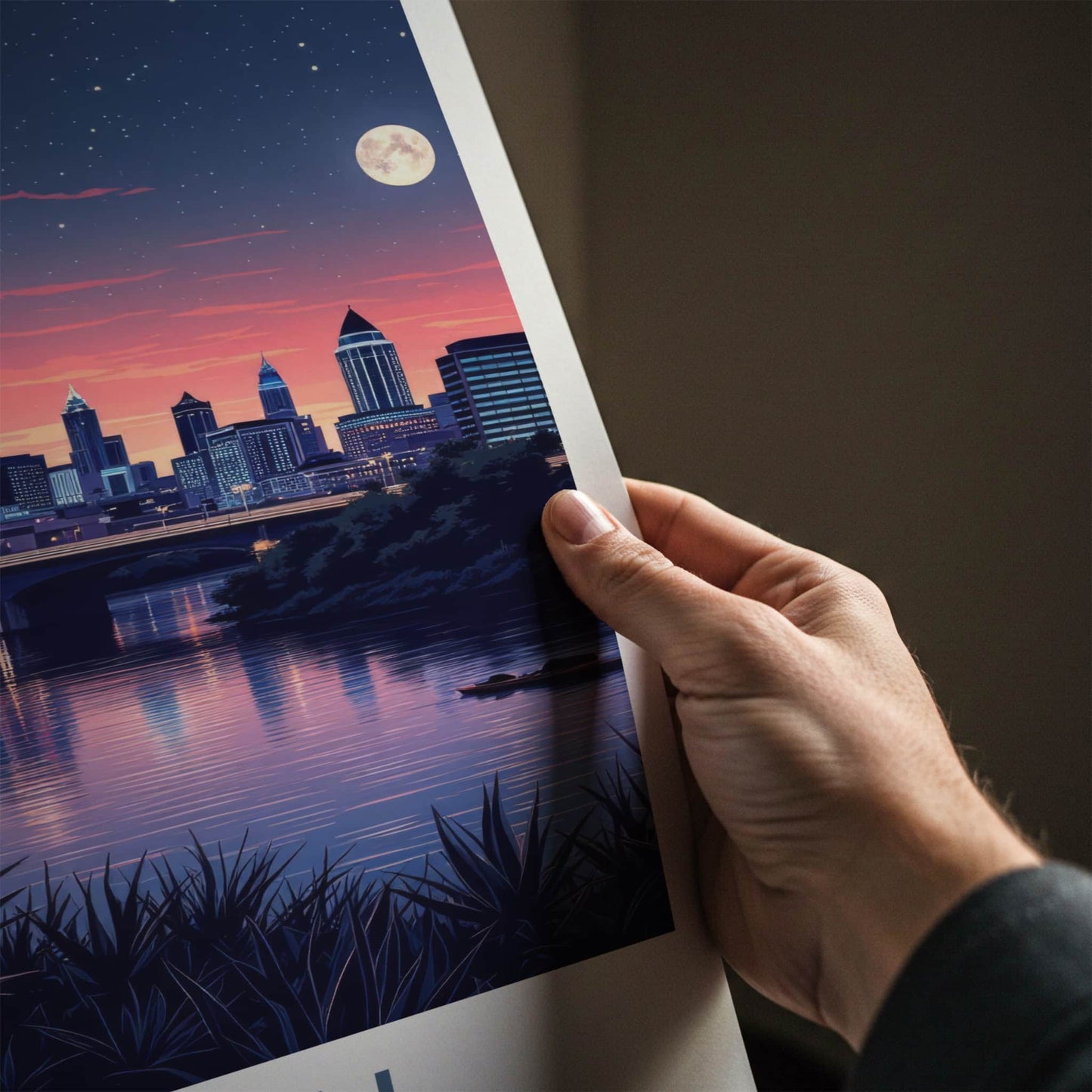 Austin Poster - Texas Travel Art - Moonlit City River Wall Decor