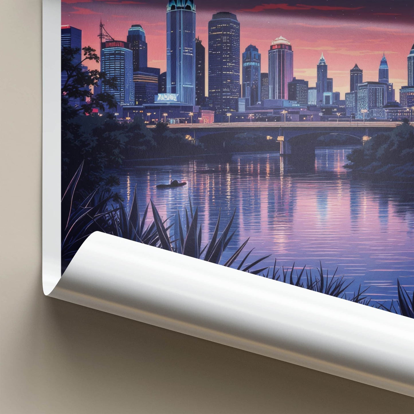 Austin Poster - Texas Travel Art - Moonlit City River Wall Decor