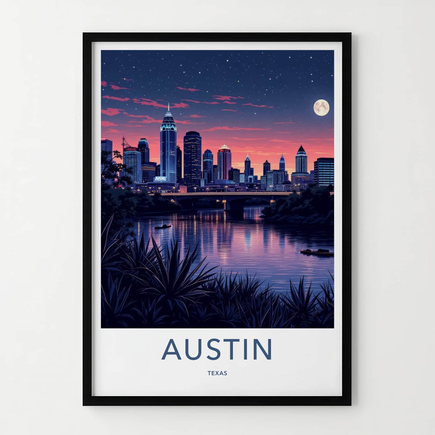 Austin Poster - Texas Travel Art - Moonlit City River Wall Decor