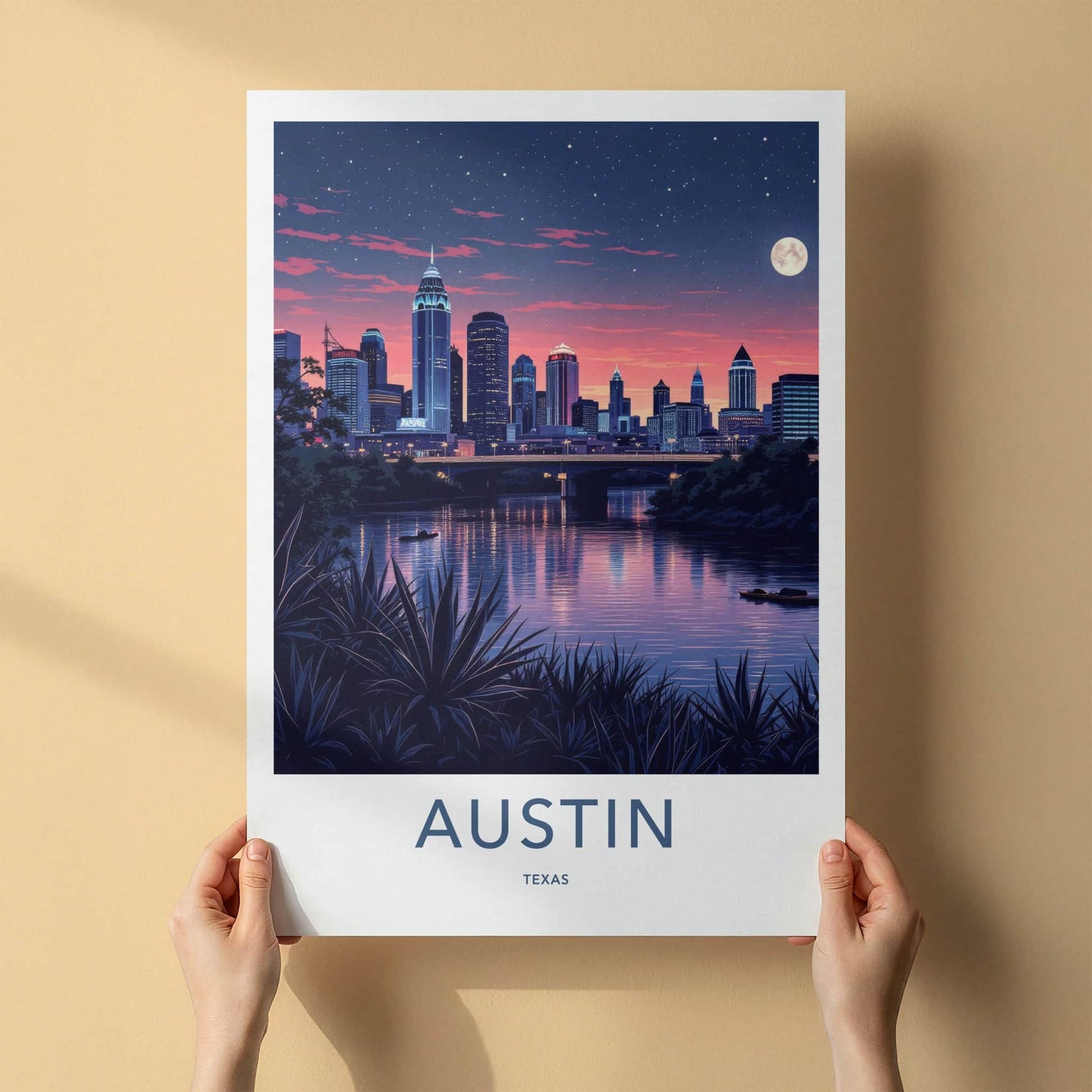 Austin Poster - Texas Travel Art - Moonlit City River Wall Decor