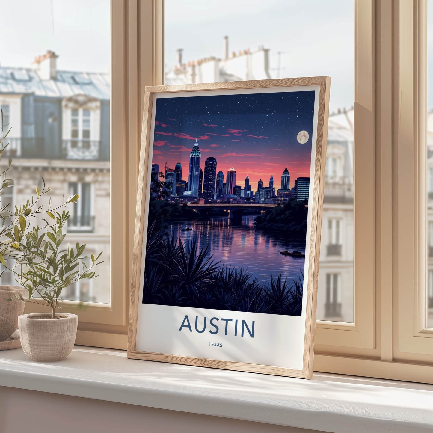 Austin Poster - Texas Travel Art - Moonlit City River Wall Decor