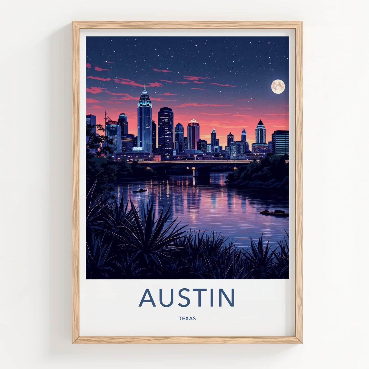 Austin Poster - Texas Travel Art - Moonlit City River Wall Decor
