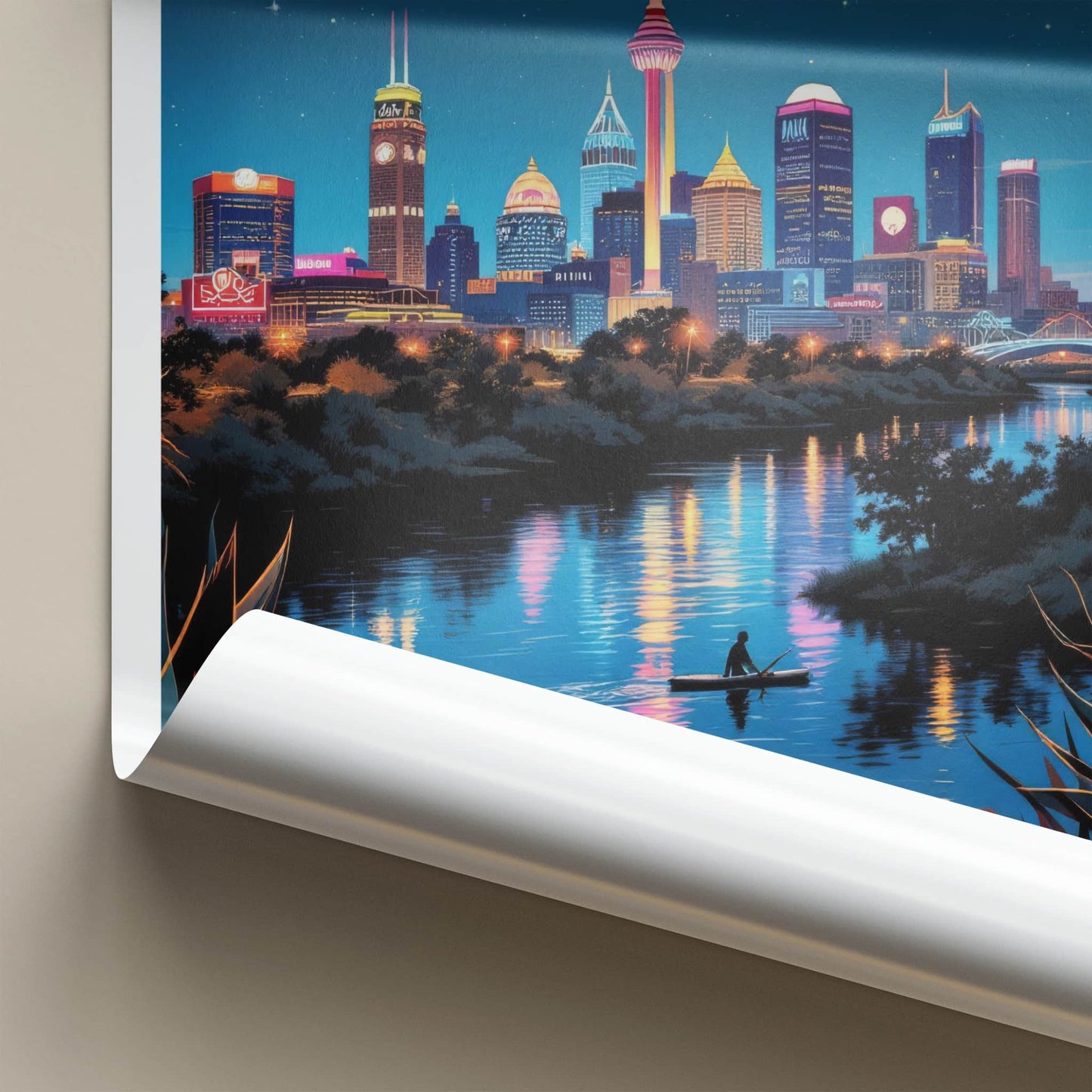 Austin Poster - Texas Travel Art - Paddleboarder City River Wall Decor
