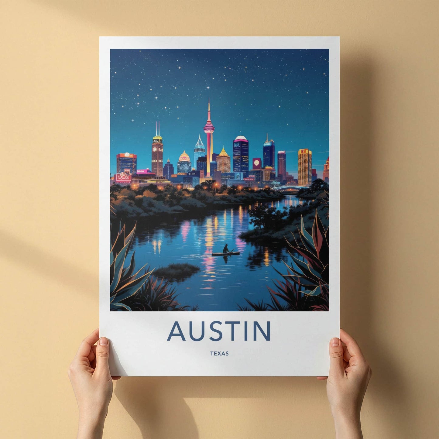 Austin Poster - Texas Travel Art - Paddleboarder City River Wall Decor