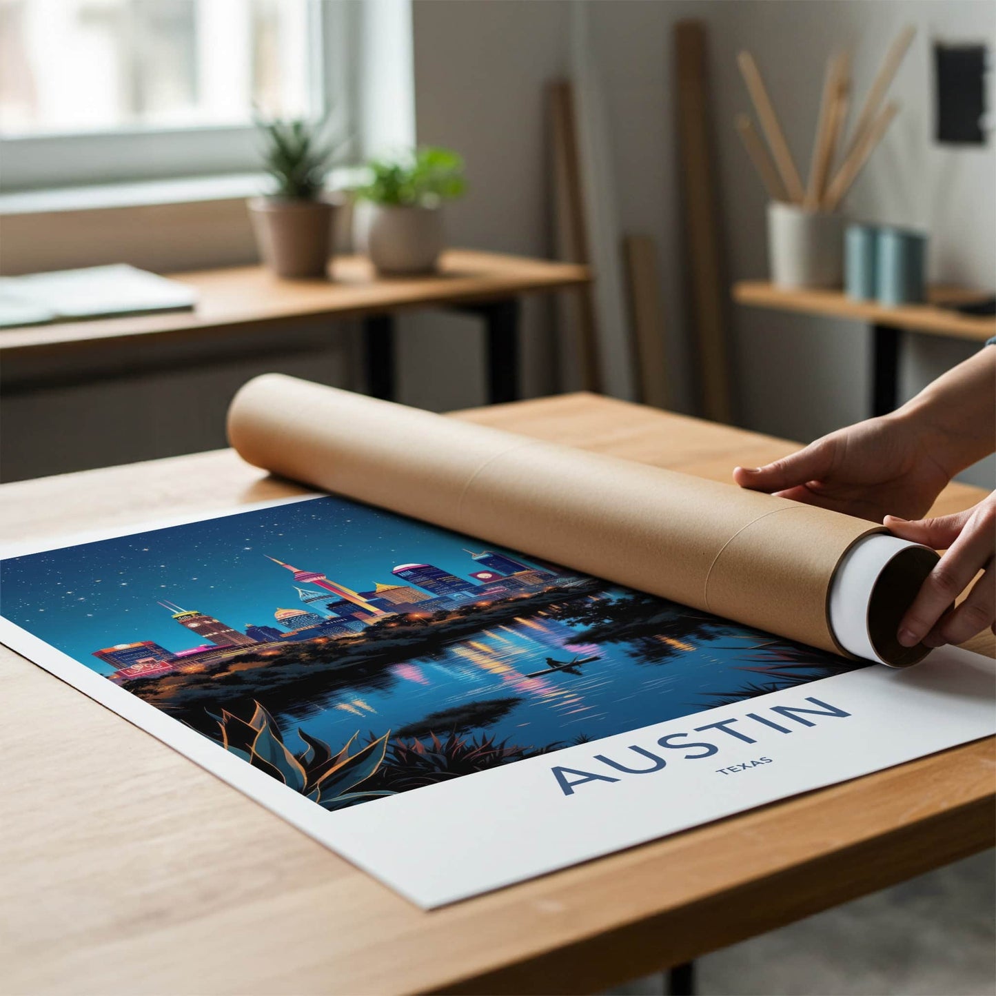 Austin Poster - Texas Travel Art - Paddleboarder City River Wall Decor
