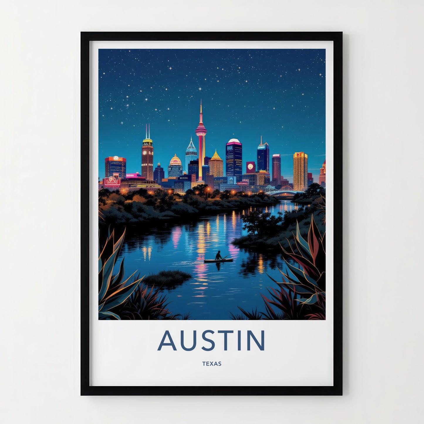 Austin Poster - Texas Travel Art - Paddleboarder City River Wall Decor