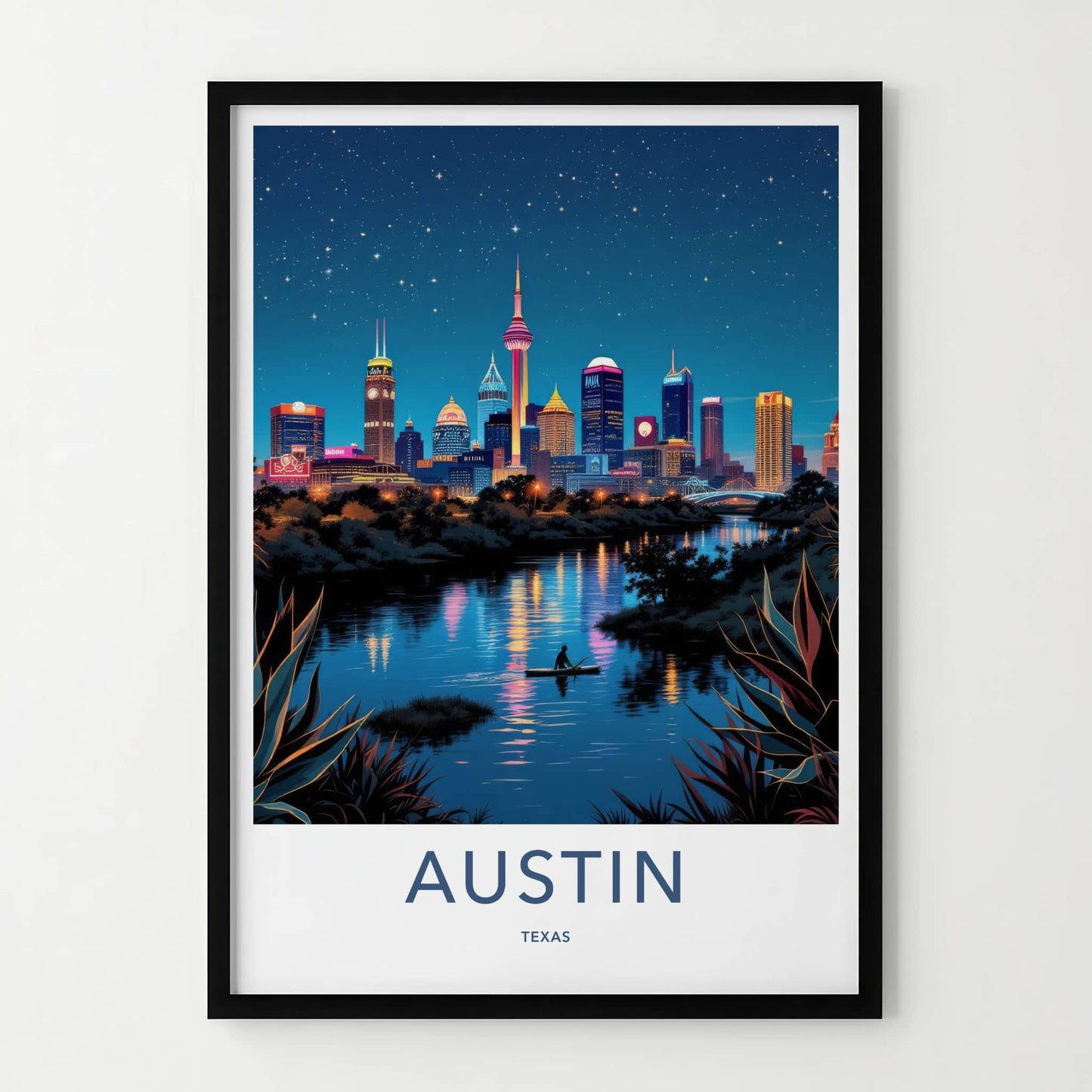 Austin Poster - Texas Travel Art - Paddleboarder City River Wall Decor
