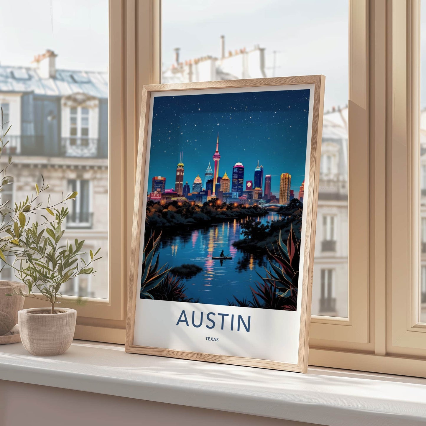 Austin Poster - Texas Travel Art - Paddleboarder City River Wall Decor