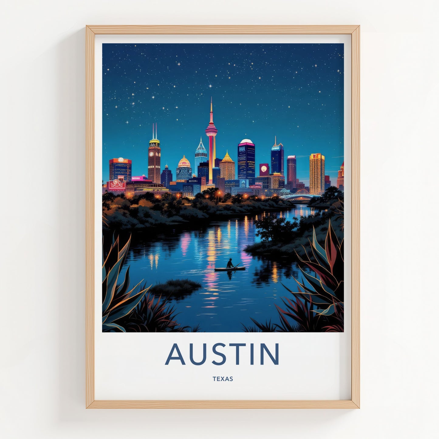 Austin Poster - Texas Travel Art - Paddleboarder City River Wall Decor