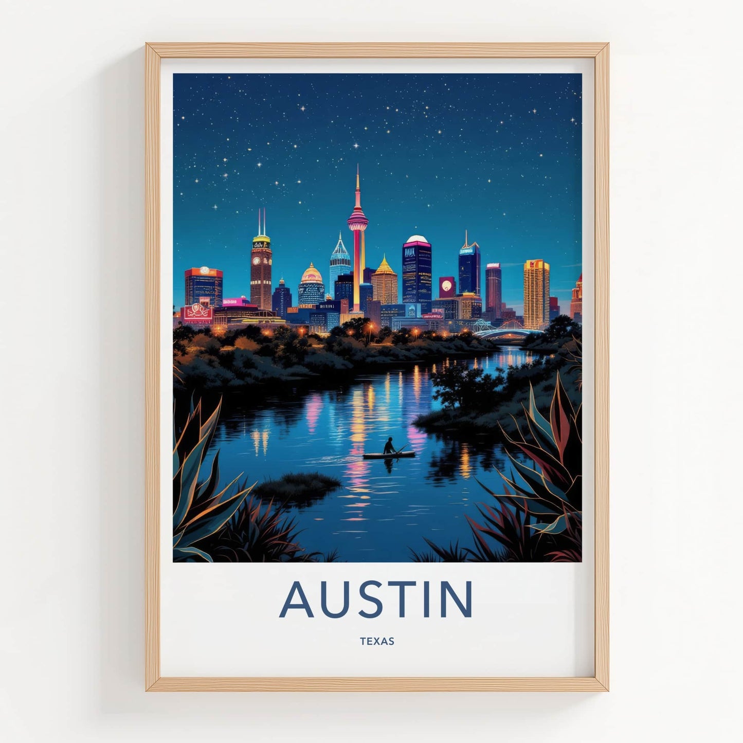 Austin Poster - Texas Travel Art - Paddleboarder City River Wall Decor