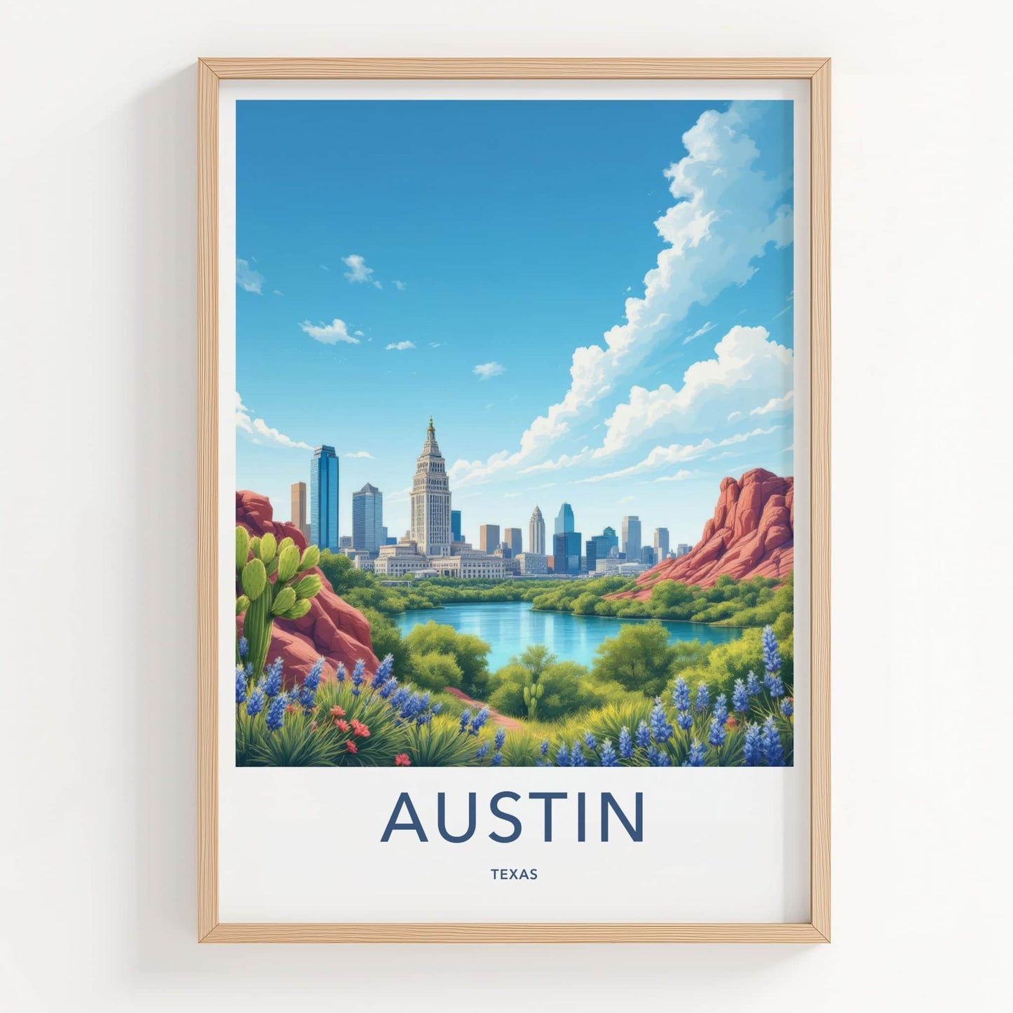 Austin Poster - Texas Travel Art - Skyline Lake Bluebonnets Home Decor