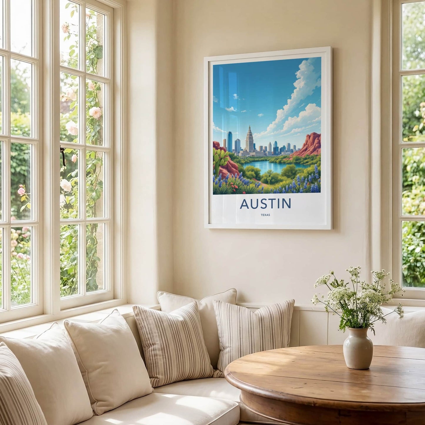 Austin Poster - Texas Travel Art - Skyline Lake Bluebonnets Home Decor