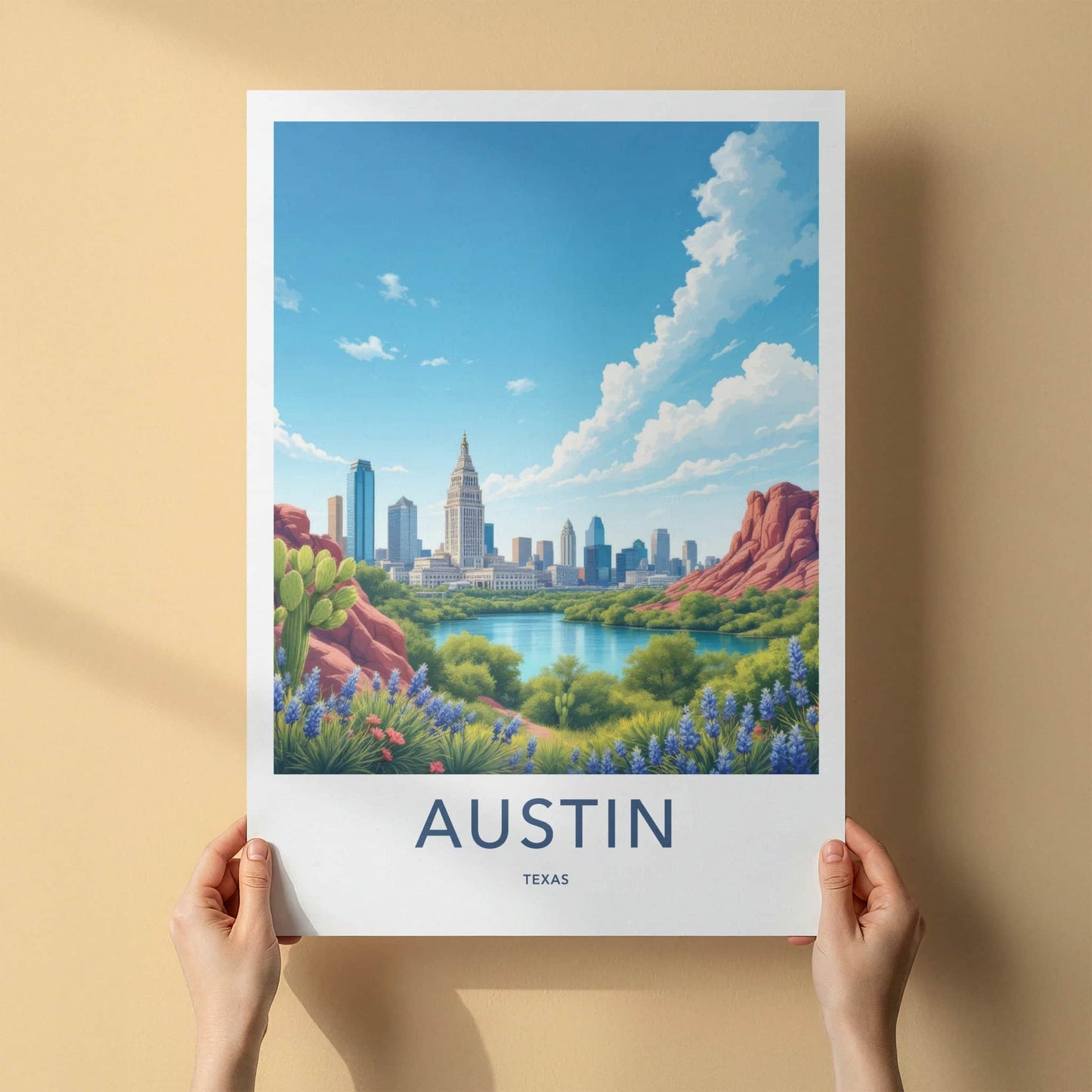 Austin Poster - Texas Travel Art - Skyline Lake Bluebonnets Home Decor
