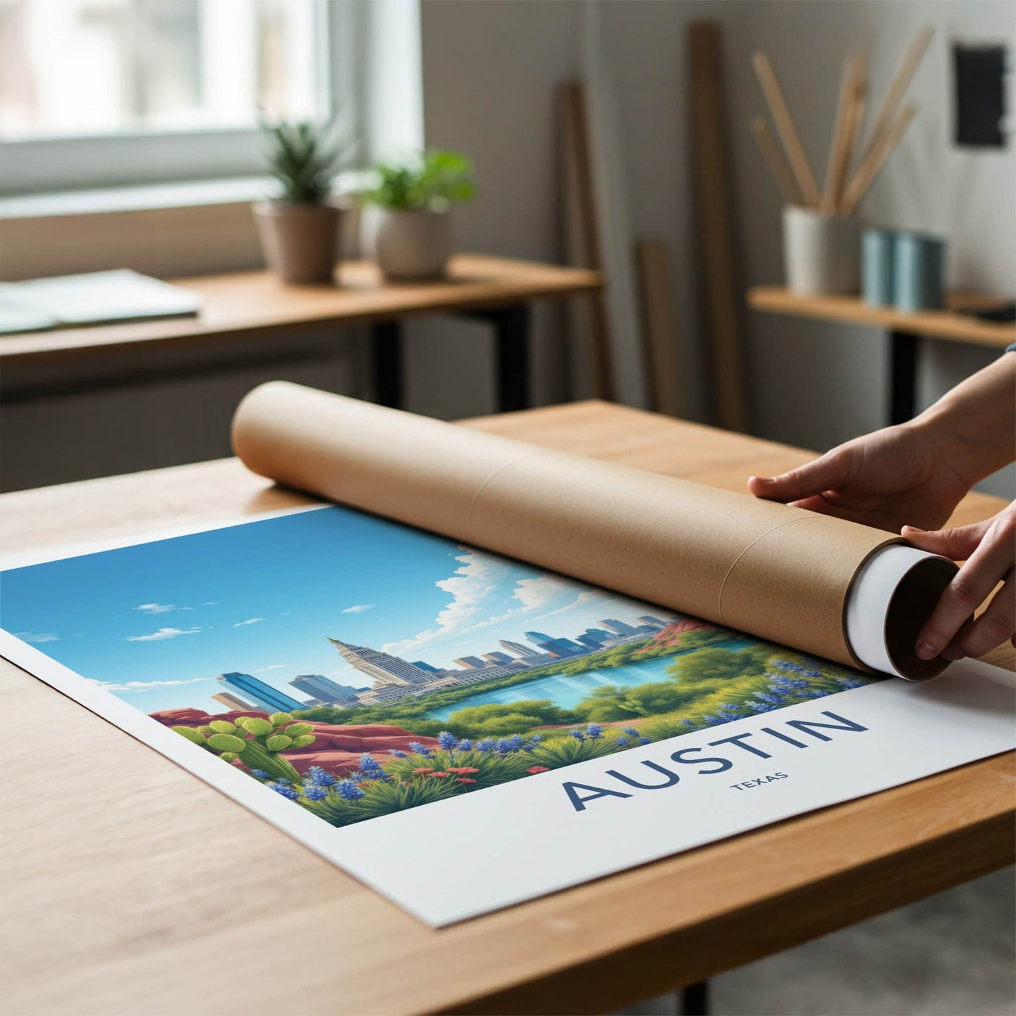 Austin Poster - Texas Travel Art - Skyline Lake Bluebonnets Home Decor